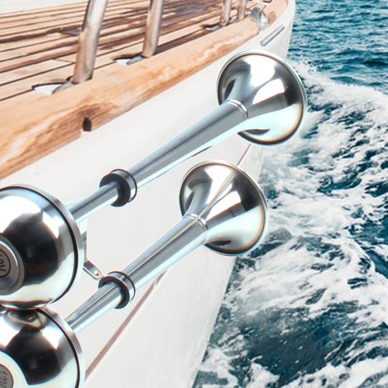 FARBIN 24V Marine Boat Horns,Stainless Steel Dual Trumpet,Electric Horn with Mounting Bracket,for 24v Cargo Boats Wheel Ship Train Lorry Trucks (Stainless steel double tube, 24V) - Image 2